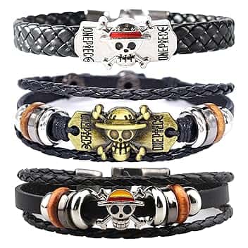 PQKL-party One Piece Braccialetti Merch 3 Pcs Bracciale avvolgente con occhio del diavolo con Accessori a Forma di Teschio e in Pelle Tressata bello Regalo Decorazione