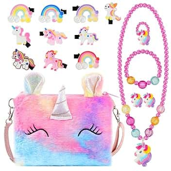 OSDUE OSDUE Set di 16 Gioielli per Unicorno Borsetta Bambina, Unicorno Peluche Borsetta Bambina, Set Gioielli Unicorno Accessori per Capelli Mollette per Capelli Ragazze Arcobaleno Collana Bracciale Anello