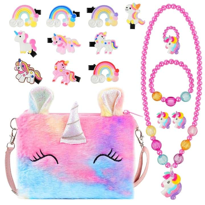 OSDUE OSDUE Set di 16 Gioielli per Unicorno Borsetta Bambina, Unicorno Peluche Borsetta Bambina, Set Gioielli Unicorno Accessori per Capelli Mollette per Capelli Ragazze Arcobaleno Collana Bracciale Anello