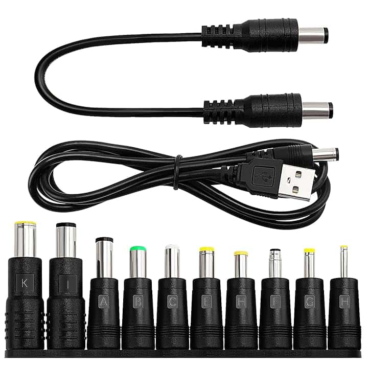 10 in 1 Adattatore di Alimentazione DC Universale, KUOQIY 5.5x2.1 mm Femmina a Maschio Adattatore Jack Connettore, DC Barrel Connettore Tips con 2 Pezzi Cavo, per Ventilatori, Router