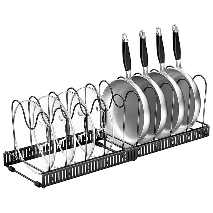 Fousenuk Porta Coperchi Pentole, Organizer Padelle con 10 Scomparti Regolabili, Porta Padelle, Portacoperchi Allungabile, Supporto per Coperchio in Metallo, Contenitore da Cucina (Nero)