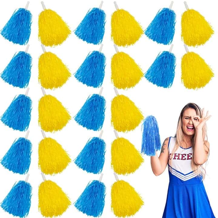 Lovecheer 24 pompon blu e gialli da cheerleader, in plastica, con manico, per tifo, sport, danza, feste, spettacoli