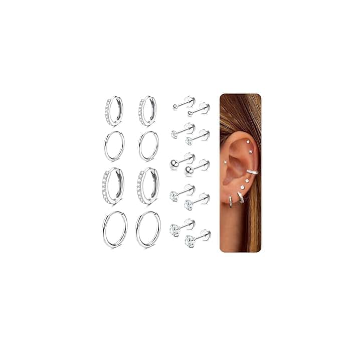 CASSIECA 9Paia Orecchini Donna Acciaio Chirurgico, Set Orecchini Anallergici Donna Uomo Piercing Orecchio Cartilagine Ipoallergenica per Fori Multipli ClimeCo Certified