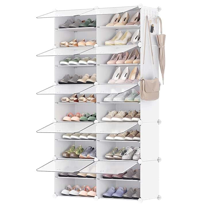 SONGMICS Scarpiera, Scaffale Modulare a 10 Scomparti per 40 Paia di Scarpe da Ingresso, con Sportelli, Telaio in Acciaio e Ripiani in Plastica, Camera da Letto, Bianco e Trasparente LPC035W01
