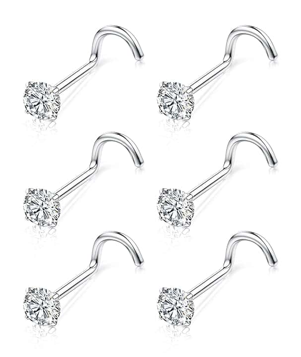 Chriscoco 6 Pezzi Piercing Naso Titanio G23 Piercing Naso Forma L Vite Piercing Naso Brillantino 3mm Cubico Zirconi Orecchini Naso Nostril Piercing 18G 20G Piercing Naso Argento Oro