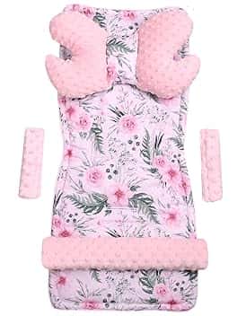 Inserto universale per passeggino per carrello a 5 elementi protezione della cintura + protezione della fascia Cotone Minky Medi Partners (Fiori con rosa Minky)