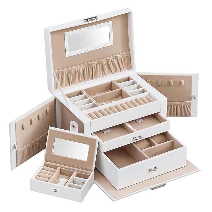 SONGMICS SONGMICS Scatola Portagioie a 3 livelli, Porta Gioielli con 2 Cassetti, con Mini Box Portatile da Viaggio, Maniglia, Chiusura, Idea Regalo, PU Bianco Nuvola, Fodera Beige Sabbia JBC121W.