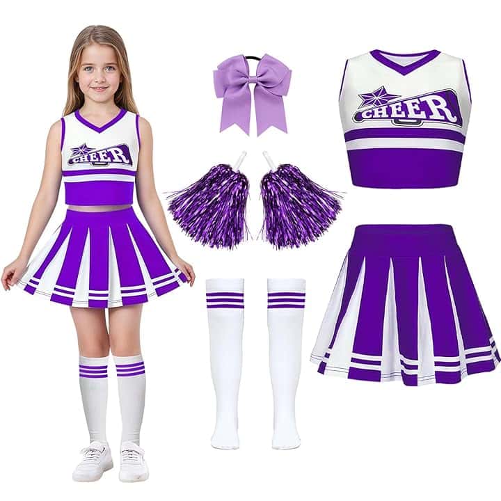 Luckyou Vestito Cheerleader Bambina Costume da Cheerleader Ragazze con Pompoms Calze Vestito Carnevale Bambina per Halloween Giornata Sportiva