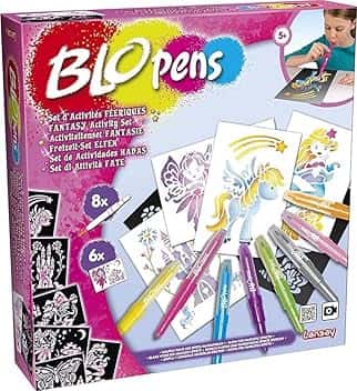 Lansay - BLOPENS - Set attività Fatate - Pennarelli da Soffiare con Stencil Riutilizzabili - Idea Regalo Bambini dai 5 Anni - Kit Creativo Disegni Fate, Unicorni e Sirene Glitterate