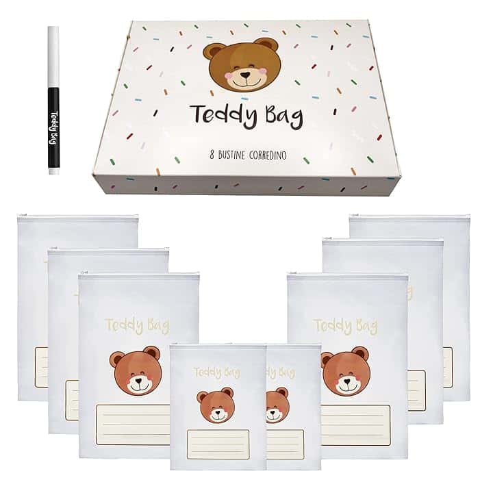 Teddy Bag 8 Bustine Corredino Neonato 100% Made In Italy Sacchetti Cambio Bimbo Borsone Nascita per Future Mamme Borsa Parto Ospedale Lista Nascita Bebè Regalo Neonati Maschio e Femmina