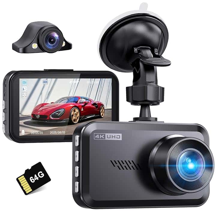 Miden 4K+2.5K Doppia Dashcam,Scheda SD 64G,2160P+1600P UHD Telecamera per Auto,Dash Cam Auto IPS 3.2" con Grandangolo di 336°,G-Sensor,Visione Notturna,WDR,Monitor di Parcheggio,Registrazione in Loop