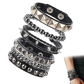 FMPXYYA Bracelet Punk Rock Gothique Set 4 Pezzi Manchette à Clou in Pelle PU Regolabile Uomo Donna, Stile Rivet con Catena e Punta per Concerto, Cosplay, Regalo Alternativo