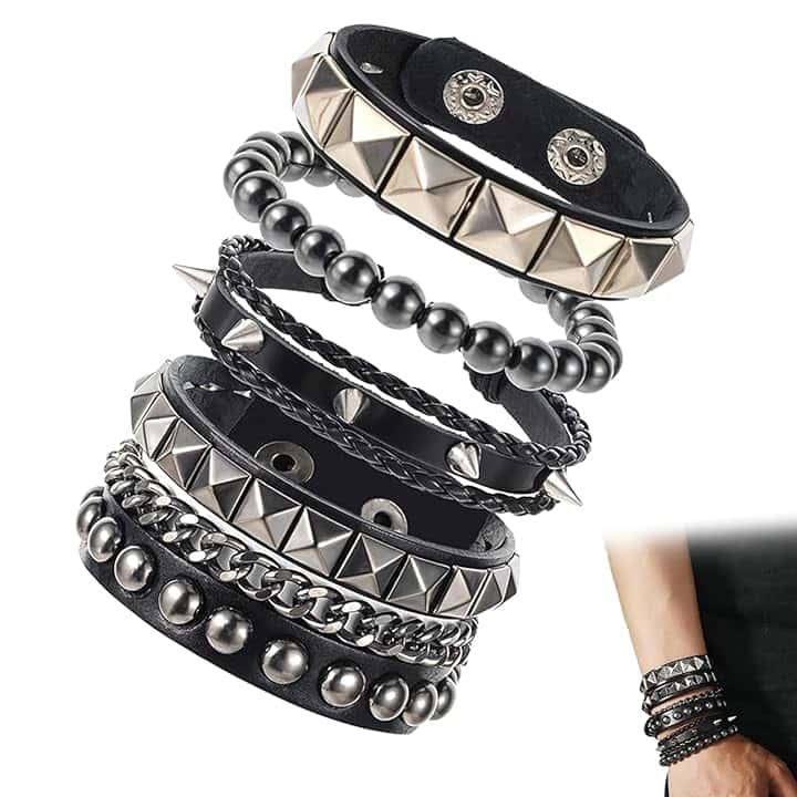 FMPXYYA Bracelet Punk Rock Gothique Set 4 Pezzi Manchette à Clou in Pelle PU Regolabile Uomo Donna, Stile Rivet con Catena e Punta per Concerto, Cosplay, Regalo Alternativo