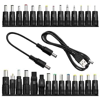 28 Pezzi Adattatore di Alimentazione DC Universale, KUOQIY 5.5x2.1 mm Femmina a Maschio Adattatore Jack Connettore, DC Barrel Connettore Tips con 2 Pezzi Cavo, per Ventilatori, Router