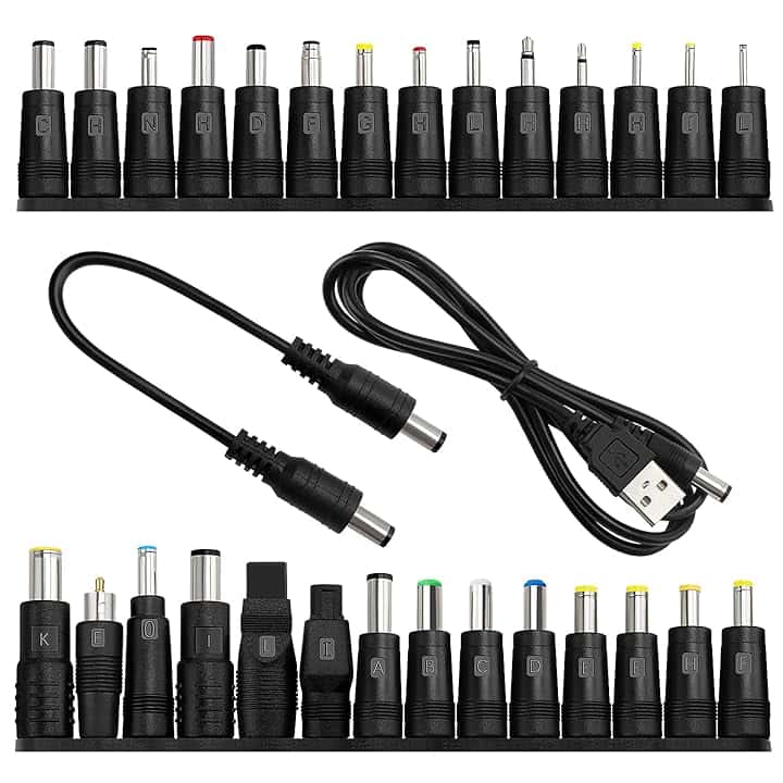 28 Pezzi Adattatore di Alimentazione DC Universale, KUOQIY 5.5x2.1 mm Femmina a Maschio Adattatore Jack Connettore, DC Barrel Connettore Tips con 2 Pezzi Cavo, per Ventilatori, Router