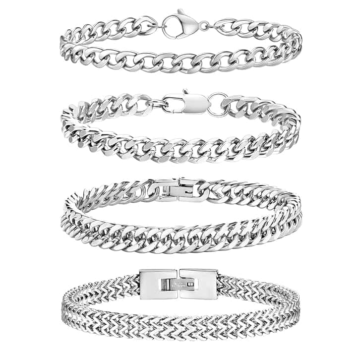 Esmoly 4 Pezzi Bracciale Uomo Argento Oro Nero Braccialetto Uomo 316L Acciaio Inossidabile Catena Cubana Regalo Uomo Ragazzo 19CM/21CM/23CM