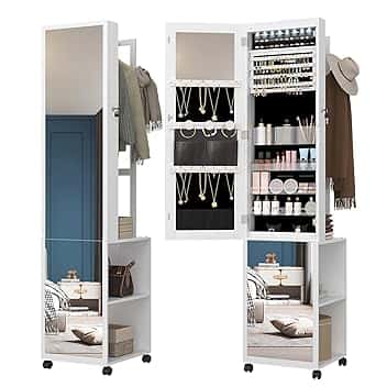Hzuaneri Hzuaneri Armadietto Portagioie con specchio, 8 LED, Multifunzione organizzatore di gioielli con 1 appendiabiti, Specchio da Terra, specchio portagioie, armadietto portagioie, bianco e nero JC17003B