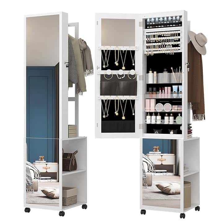 Hzuaneri Hzuaneri Armadietto Portagioie con specchio, 8 LED, Multifunzione organizzatore di gioielli con 1 appendiabiti, Specchio da Terra, specchio portagioie, armadietto portagioie, bianco e nero JC17003B