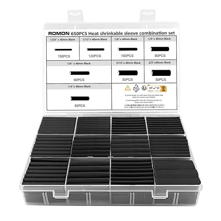 Romon 650 Pezzi Guaina Termorestringente Nera, Termorestringente per Cavi Elettrici, Guaina Termorestringente Tubi, Kit Tubo Termorestringente, Rapporto di Restringimento 2: 1, 8 Taglia