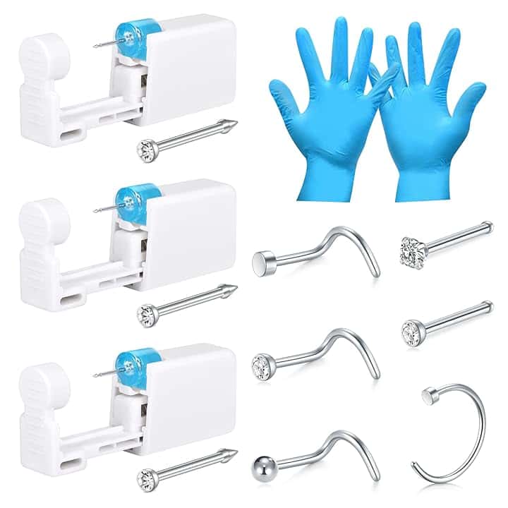 LAURITAMI Set pistola piercing naso, 3 pezzi di pistola per piercing al naso con borchia, set portatile di sicurezza oro/argento con 6 borchie
