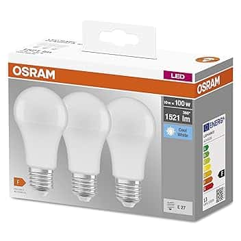 Osram LED Base Classic A Lampada, a Forma di Lampadina con Attacco E27, non dimmerabile, Sostituisce 100 watt, Opaca, Bianco Freddo, 4000 Kelvin, Confezione da 3