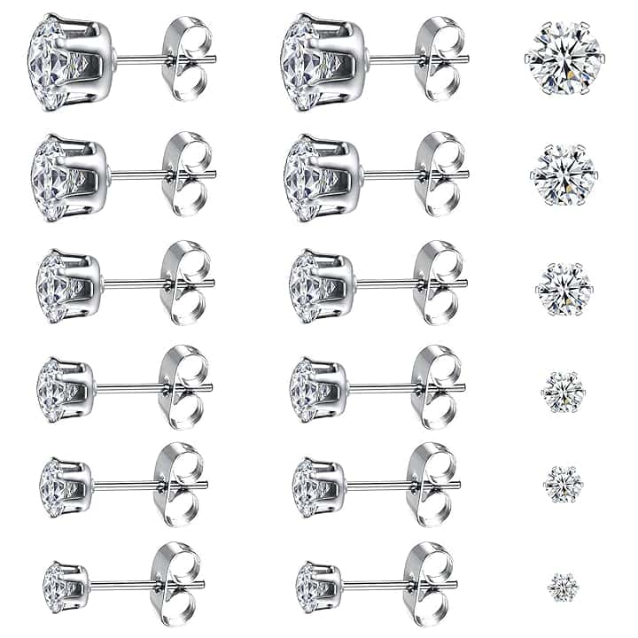 Leikedun 6 Paia Orecchini Uomo Diamante Donna con Zirconia Cubica, Anallergici in Acciaio Chirurgico al Titanio, Brillantini 3 - 8 mm, Bianco