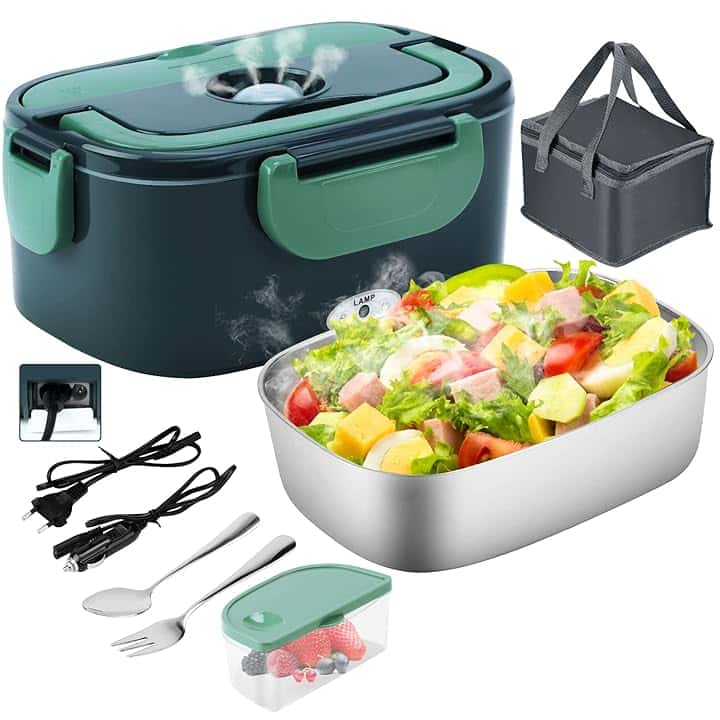 Lunch Box Elettrico Portatile Scaldavivande per Auto Camion e Ufficio 4 in 1 12V/24V/220V~240V 1.5L 60W Porta Pranzo in Acciaio Inox, Scomparti, Forchetta Cucchiaio e Borsa Per il Trasporto