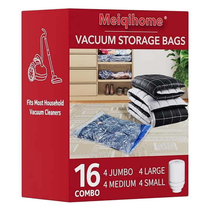 MEIQIHOME Set da 16 Sacchetti Sottovuoto con Pompa Elettrica – 4J/4L/4M/4S – Sacchetti Compressione per Vestiti, Ideali per Traslochi e Viaggio