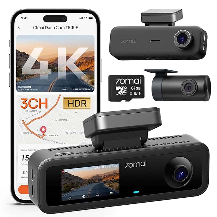 70mai Dash Cam Auto 4K 3 Canali T800E, Telecamera Tripla Anteriore e Posteriore 4K+1080P+1080P, HDR, Visione Notturna IR, Modalità Parcheggio, F1.55, GPS, Supercondensatore, 64 GB SD Inclusa