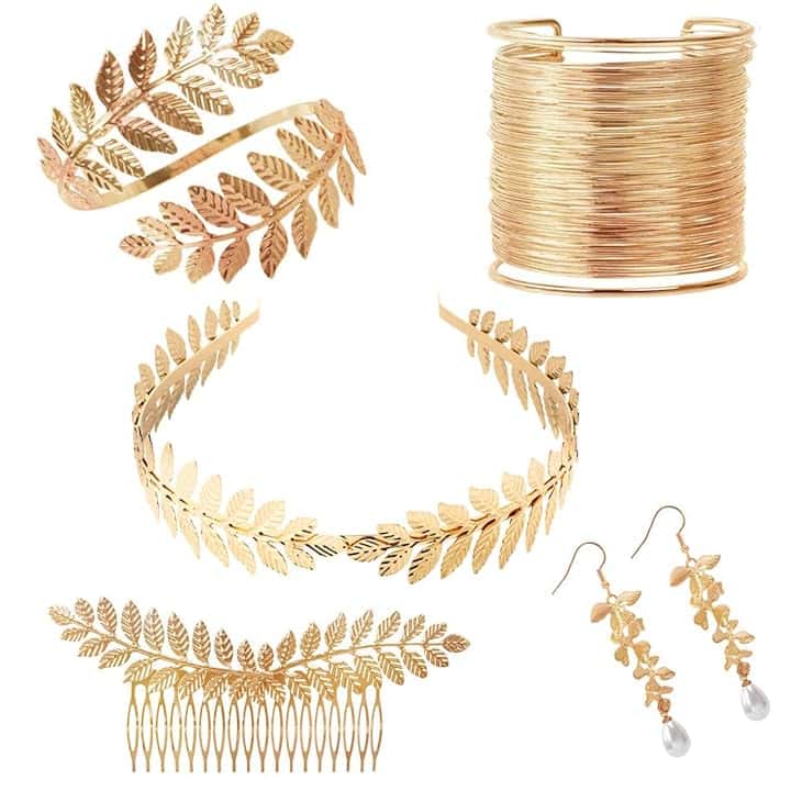 FUKPO Accessori Dea Greca Donna Bambina, Corona Alloro Tiara Dorata, Corona di Alloro Oro Coroncina Set Accessori Capelli Dea Greca Braccialetto Orecchini Copricapo Costume Bandeau Cheveux Diademe