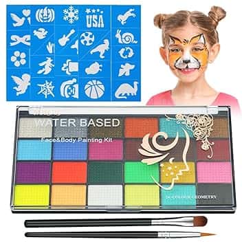 Aomig Body Painting, 24 Colori Face Paints Bambini, Truccabimbi Kit Anallergici Atossici, Kit per la Pittura del Viso Pittura Corpo Bambini per Halloween, Carnevale, Natale, con Stencil e Pennelli