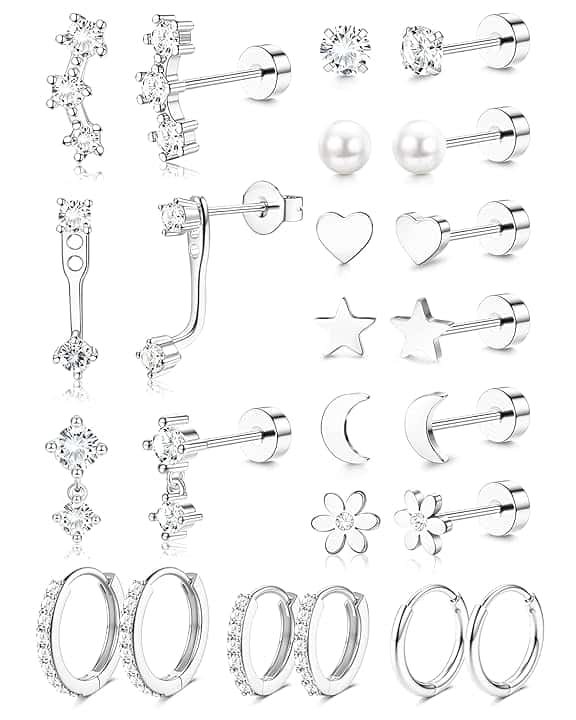 ADRAMATA 12 Paia Orecchini Donna Set Orecchini Acciaio Chirurgico Piercing Orecchio a Cerchio Argento Ipoallergenica Piercing Helix Trago Conch (Argento/Oro)
