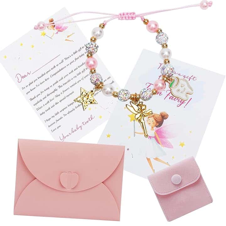 KQDRAVINE Fata dei Denti Regali per Bambine, Regalo per Ragazze, Cartolina, Bracciale Bambina, per Compleanno, Battesimo, Natale, Regalo per Figlia, Nipote, Figlioccia