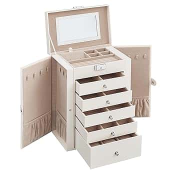 SONGMICS SONGMICS Scatola Portagioie a 6 livelli, Porta Gioielli con 5 Cassetti, Capiente, con Specchio Interno, Chiusura a Chiave, Cofanetto Portagioie, Idea Regalo, per Orologi, Bianco JBC152W01 The Forest Stewardship Council