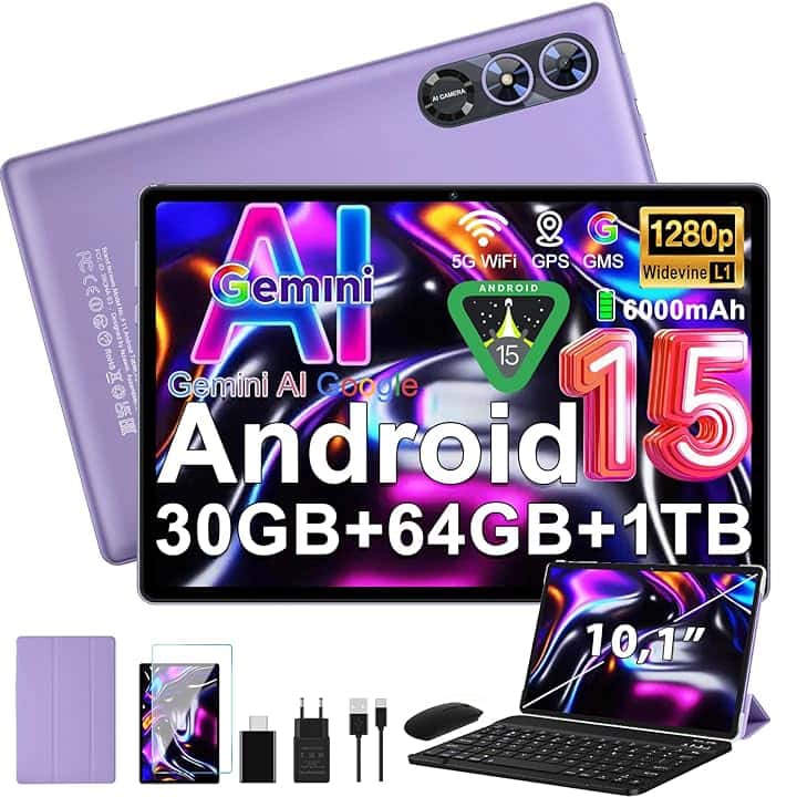 Android 15 Tablet 10 Pollici Gemini AI, Tablet PC Octa-Core, 30 GB RAM + 64 GB ROM (1TB TF), 3.5mm Audio/GMS/WiFi 6 & BT 5.0 / 6000mAh / GPS/Widevine L1,Tablets con Tastiera e Mouse-viola