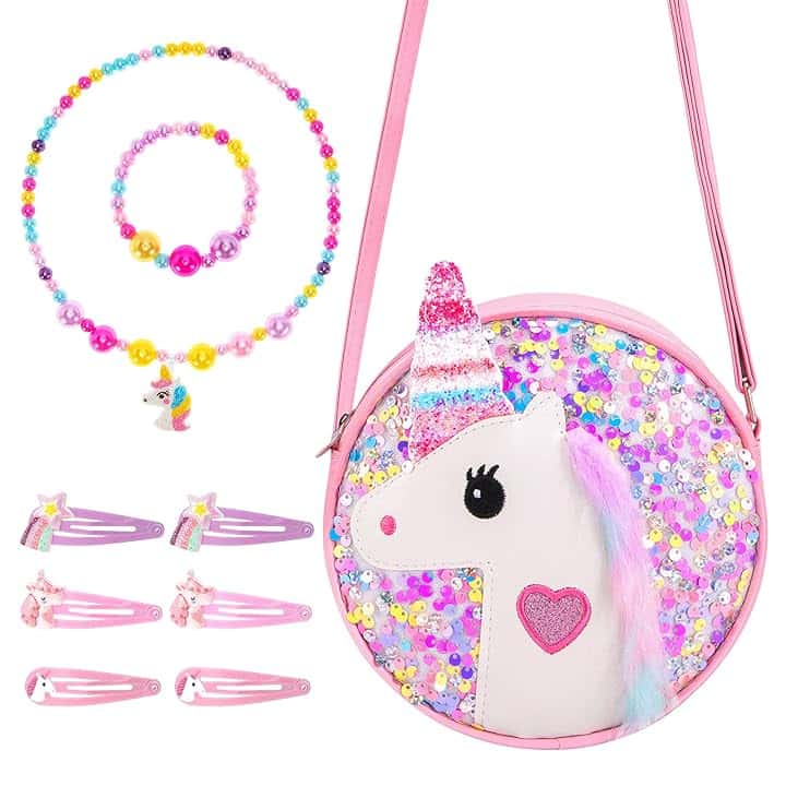 Hifot Hifot Unicorno Borsa Bambina Set Gioielli, Unicorno Borsetta Collana Bracciale Mollette per Capelli Accessori per Capelli per Ragazza, Principessa Vestire Gioielli Forniture per Feste