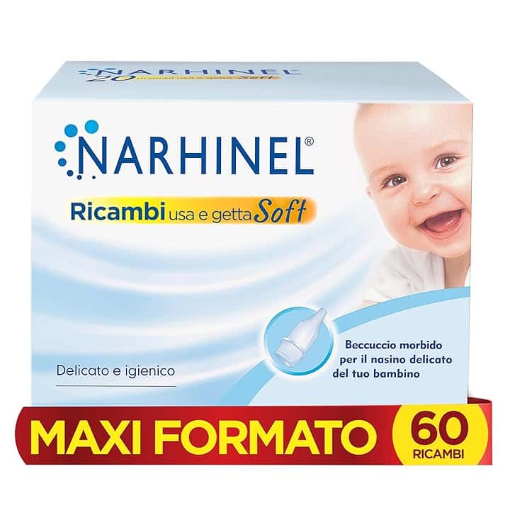 Narhinel MAXI FORMATO 60 Ricambi Morbidi per Aspiratore Nasale Neonati e Bambini con Filtro Igienico Assorbente per Trattenere il Muco, Pacco da 60 Ricambi Monouso