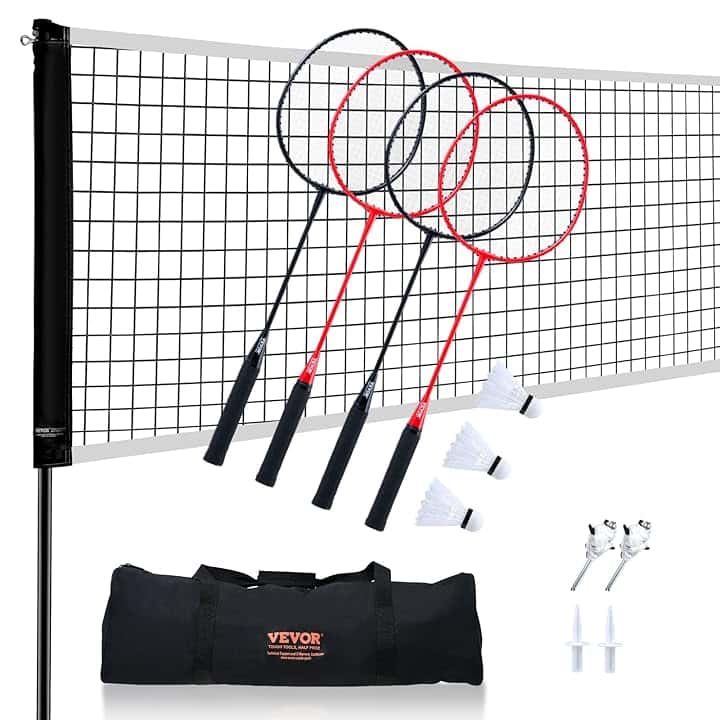 VEVOR Set Rete da Badminton, Rete da Badminton per Parco da Spiaggia all'Aperto nel Cortile, Rete da Badminton con Pali, Borsa per il Trasporto, 4 Racchette in Ferro e 3 Volani in Nylon