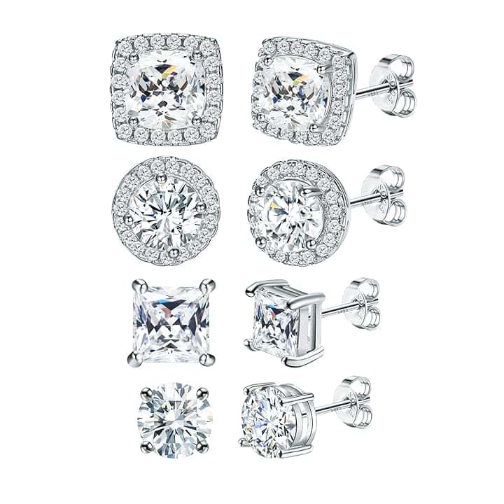 Dochais Set 4 Paia Orecchini Argento 925 Placcati Oro 14k, Ipoallergenici, Grandi Orecchini Rotondi e Quadrati Zirconi 6-10mm per Donne e Uomini, Unisex