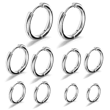 Leikedun 5 Paia Orecchini Uomo Cerchio, Orecchini a Cerchio per Donne, Orecchini Acciaio Inossidabile per Cartilagine Senza Fine 8 mm/10 mm/12 mm/14 mm/16 mm, Argento