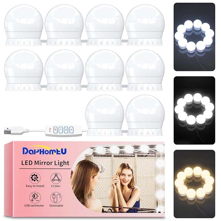 USB Luci per Specchio da Trucco, 10 Lampadine Dimmerabili, Luci da Specchio Hollywood con 3 Modalità Colore, Make Up Luce a LED per Trucco Cosmetico Bagno