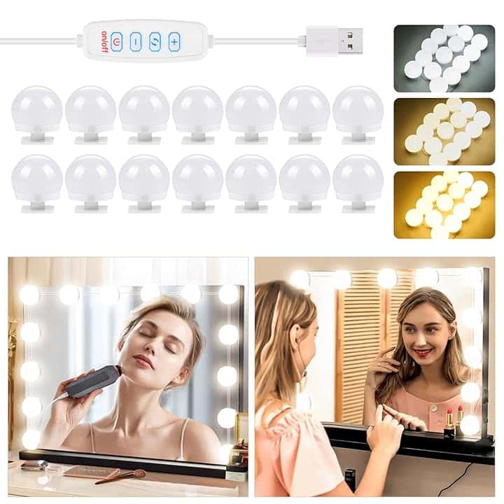OSDUE Luci da Specchio, Trucco Luci da Specchio LED Stile Hollywood, 14 Lampadine Dimmerabili, 3 Modalità di Colore con Cavo di USB, Applica a Specchio Cosmetico, Lampada Specchio Bagno