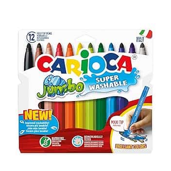 CARIOCA Pennarelli Jumbo Paperboard Wallet, Pennarelli Colorati per Bambini con Punta Maxi, Ideali per Disegnare e Colorare, Super Lavabili, Colori Assortiti, 12 Pezzi