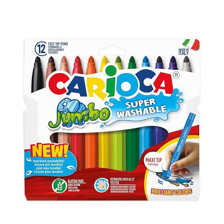 CARIOCA Pennarelli Jumbo Paperboard Wallet, Pennarelli Colorati per Bambini con Punta Maxi, Ideali per Disegnare e Colorare, Super Lavabili, Colori Assortiti, 12 Pezzi