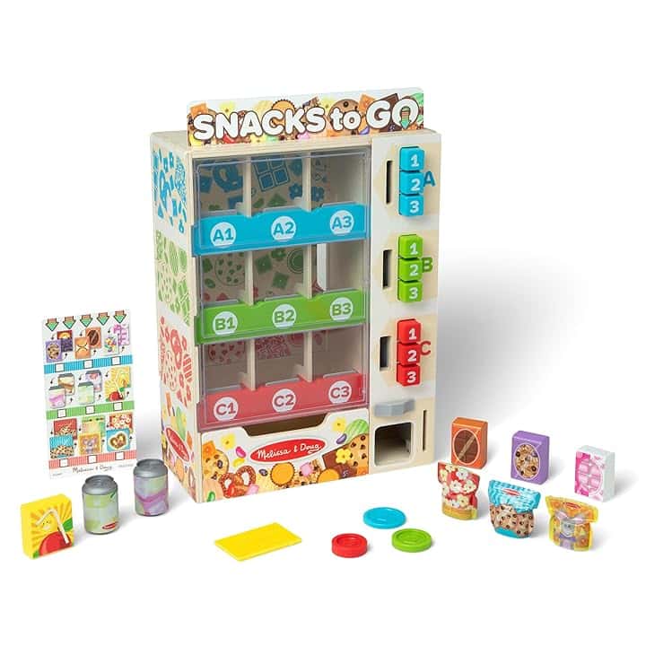 Melissa & Doug Set Il Distributore Automatico delle Merende in Legno - Macchina con Snack Finti, Monete e Tessere, Gioco Educativo di Imitazione, Idea Regalo Creativa per Bambini e Bambine, 3+