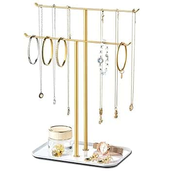 pickpiff pickpiff Espositore per gioielli con barra a T a 2 livelli con vassoio per riporre collane, bracciali, orecchini, cassettiera, lavabo da bagno, oro