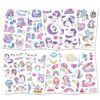 Tatuaggi Temporanei per Bambini, 100+ Styles Brillante Unicorno Tatuaggi Finti Modello, Cartoni Tatuaggi Temporanei Set per Ragazza Bambini Adulti Festa Compleann Regalo Giocattolo (A)