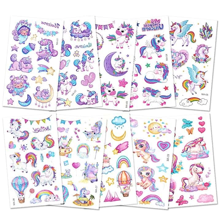Tatuaggi Temporanei per Bambini, 100+ Styles Brillante Unicorno Tatuaggi Finti Modello, Cartoni Tatuaggi Temporanei Set per Ragazza Bambini Adulti Festa Compleann Regalo Giocattolo (A)