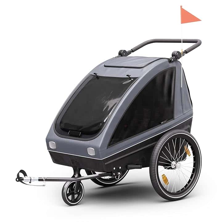 KLAR FIT GoKiddo Carrello per Bici - 2-in-1 Rimorchio Bicicletta & Passeggino con Freni, Cinture di Sicurezza, Sedili Regolabili, 40kg di capacità, Protezione Pioggia & UV, Pieghevole, Grigio Scuro