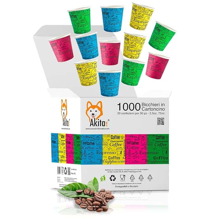 AKITAInk 1000 Bicchierini caffè, Bicchieri Caffe di Carta Monouso Biodegradabili, Biocompostabili Tazzine da 75 ml Bicchierini da Caffè Usa e Getta Ecosostenibili